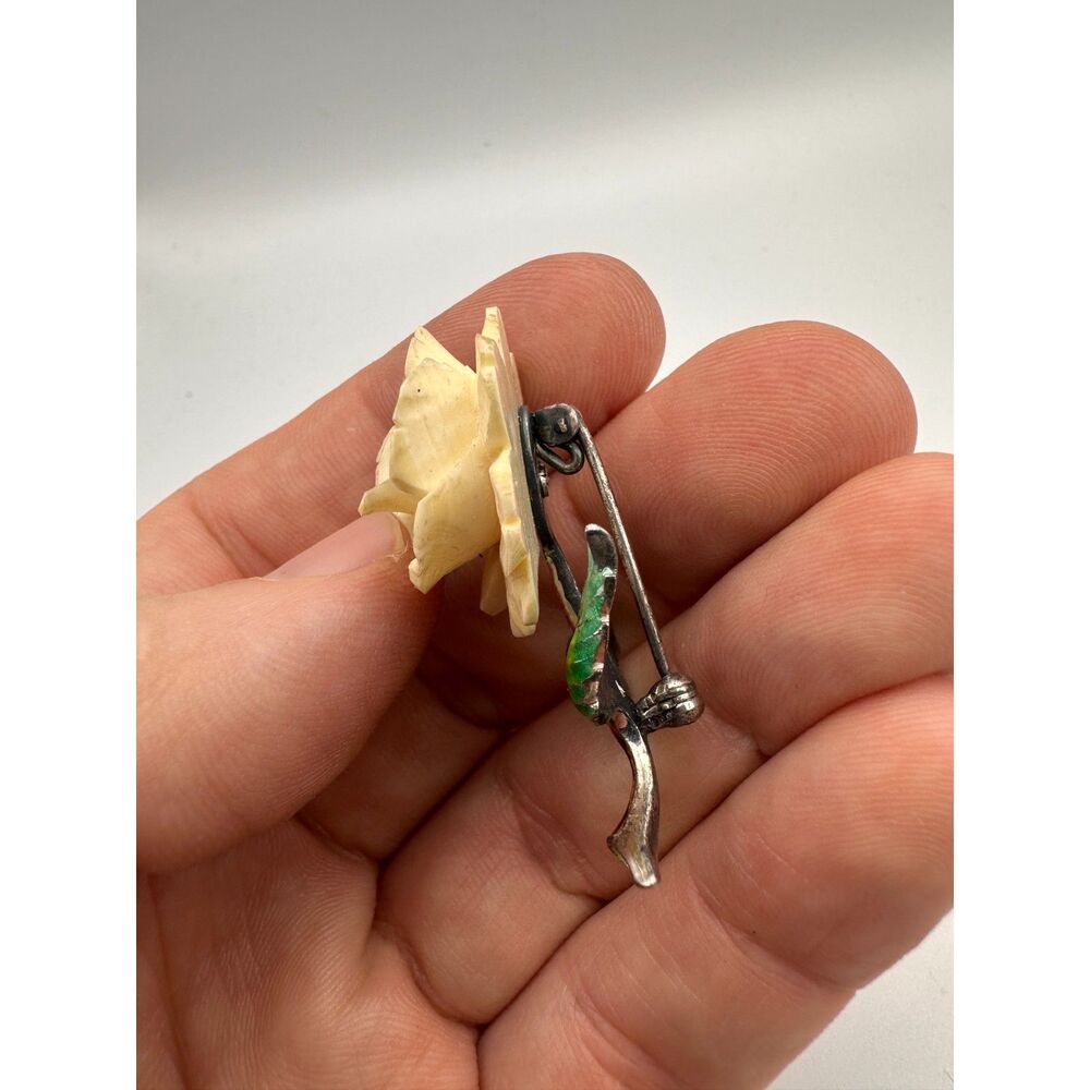 Vintage Carved Bone Rose Silver and Enamel Brooch - Picture 4 of 13